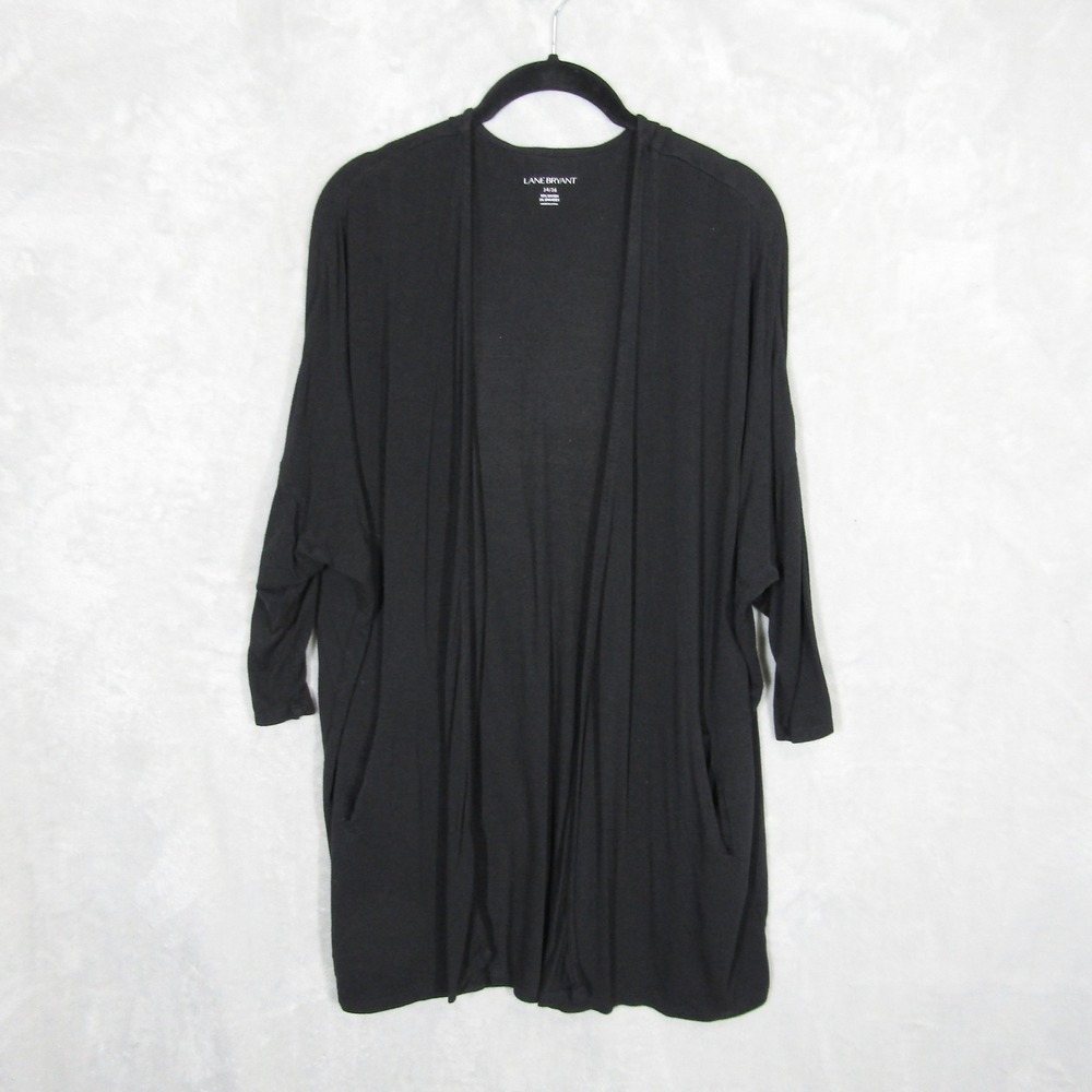 Lane Bryant Black Open Front Cardigan Shirt 3/4 Sleeve Pockets Plus Size 14 16